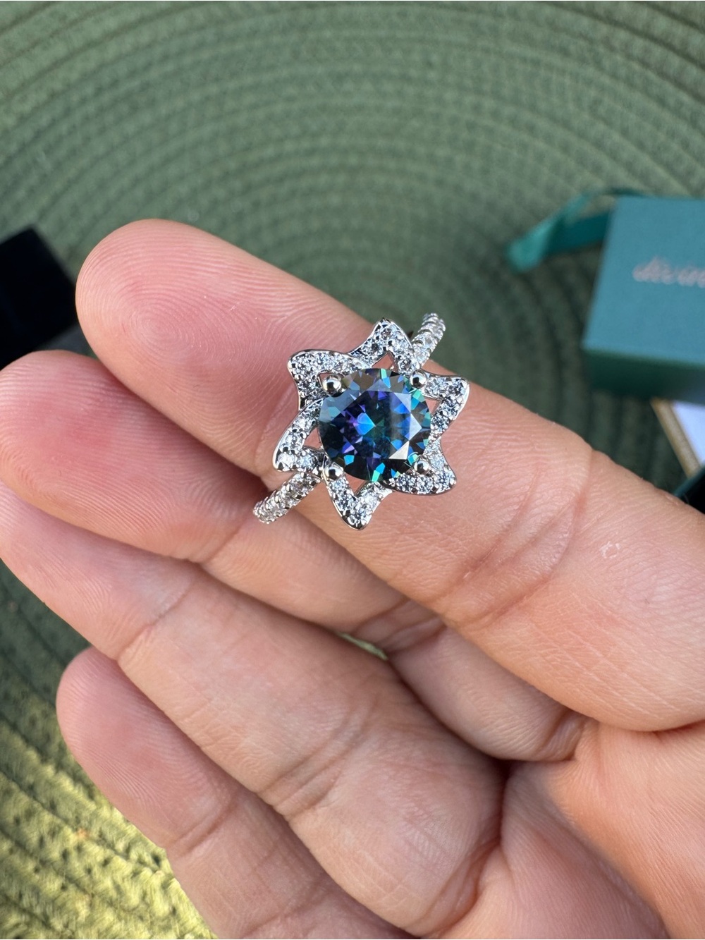 1 CT Mystic Blue Starburst Moissanite Halo Ring Size 7 GRA Certified